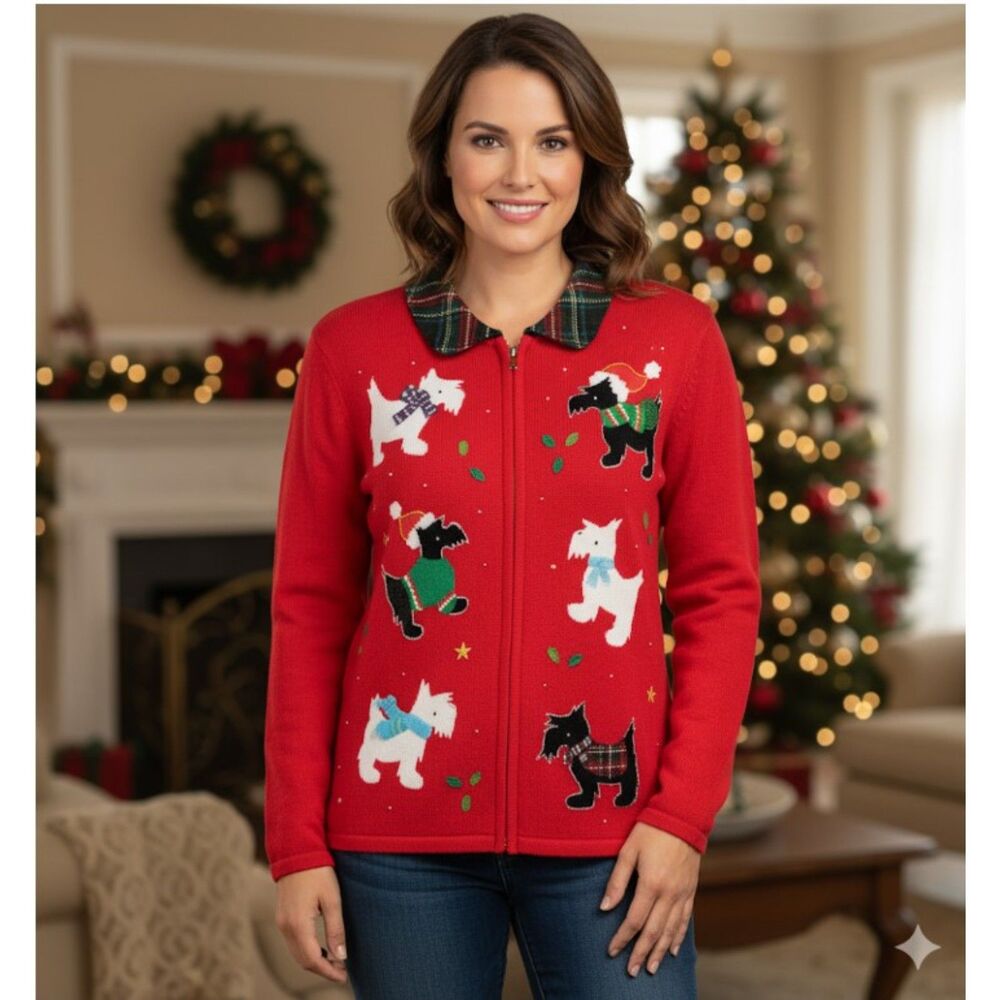 Mercer Street Studio Red Scottie Dog Christmas Cardigan Sweater Womens XL
